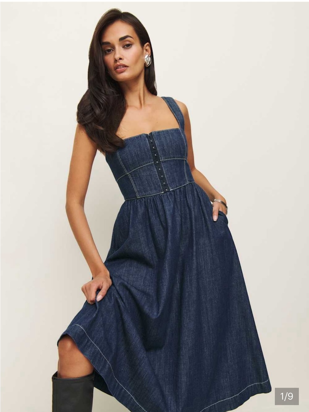Reformation Denim Button-Front Midi Dress in Dark Blue